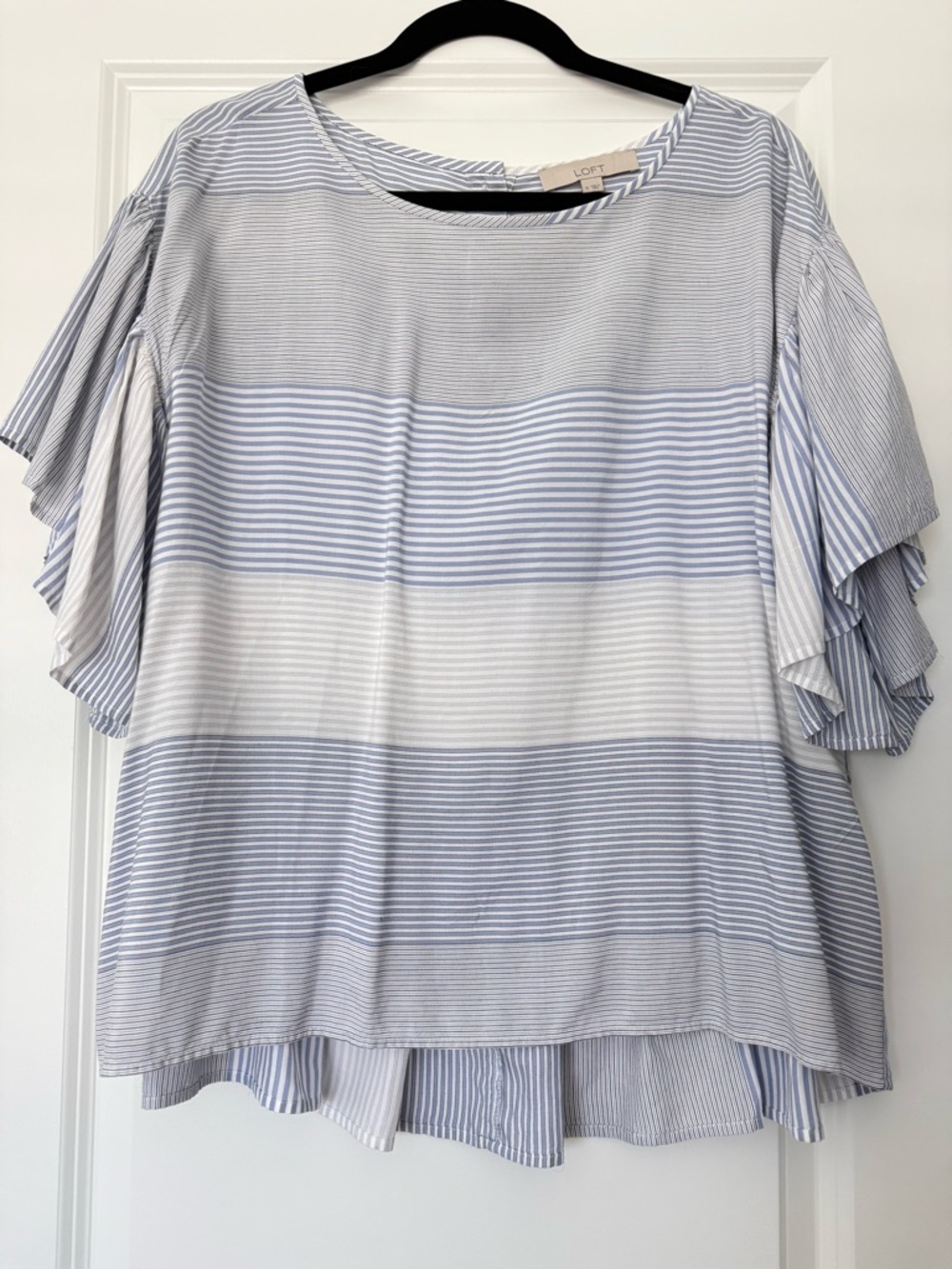 LOFT Light Blue and White Striped Ruffle Sleeve Top